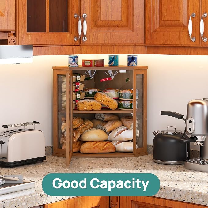 viewcare Corner Bread Box for Kitchen Counter, Bamboo Wood Large Capacity Bread Storage Bin with Acrylic Wavy Door Panel (Brown, Extra Large) - Image 6