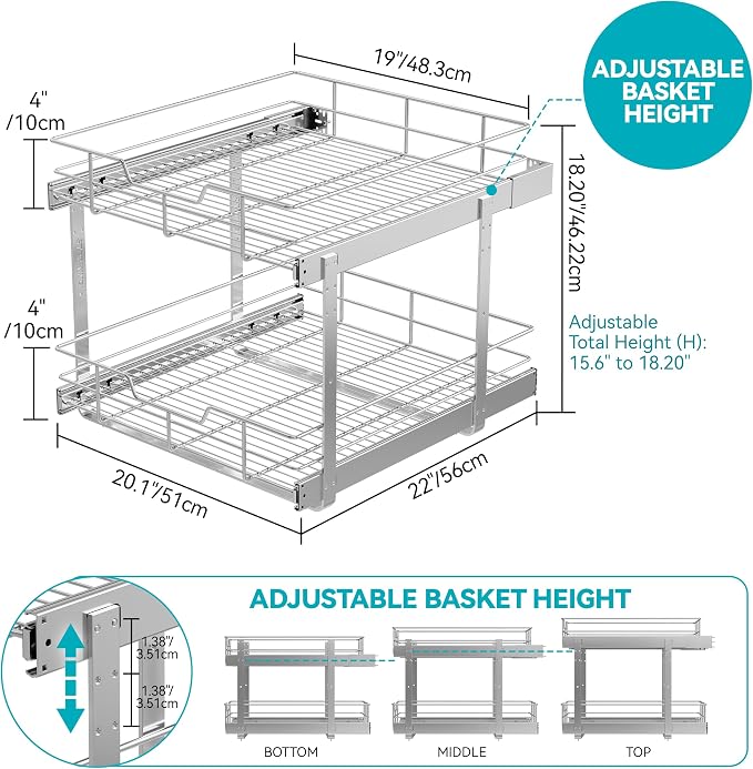 2 Tier Pull Out Cabinet Organizer 21" W X 22" D, Chromed, Full Slide Out | For Kitchen Organizers and Storage, Pull Out Drawers For Cabinets Capacity Heavy Duty Caddy, Cabinet Shelves, Bathroom Pantry - Image 2