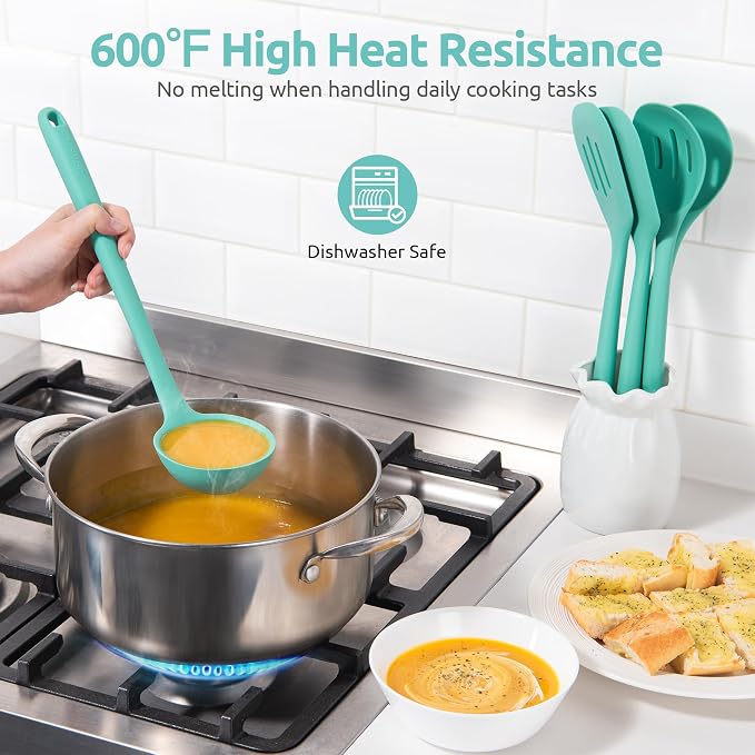 U-Taste Silicone Kitchen Cooking Utensil Set of 5, 13.6" Long, Aqua Sky | 600ºF Heat Resistant Food Grade Kitchen Tools&Gadgets, Extra Long Wide Spatula Turner Spoon Ladle for Serving Mixing Stirring - Image 3