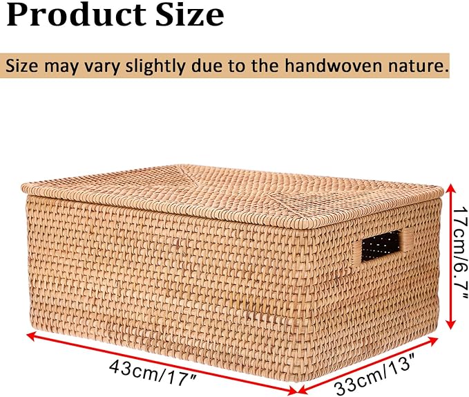 Hipiwe Rattan Basket Box with Lid X-Large Wicker Lidded Decorative Baskets | Handwoven Storage Basket Bins Rectangular Household Baskets for Shelf Organizing Home Decor, 17" x 13" x 6.7" - Image 2