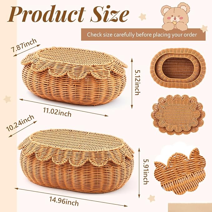 2 Pcs Scalloped Rattan Baskets, Baby Diaper Caddy, Imitation Woven Rattan Wicker Storage Baskets Plastic with Lid for Nursery Storage Organizer Bathroom Decor (Dark Brown,Small,Medium) - Image 2
