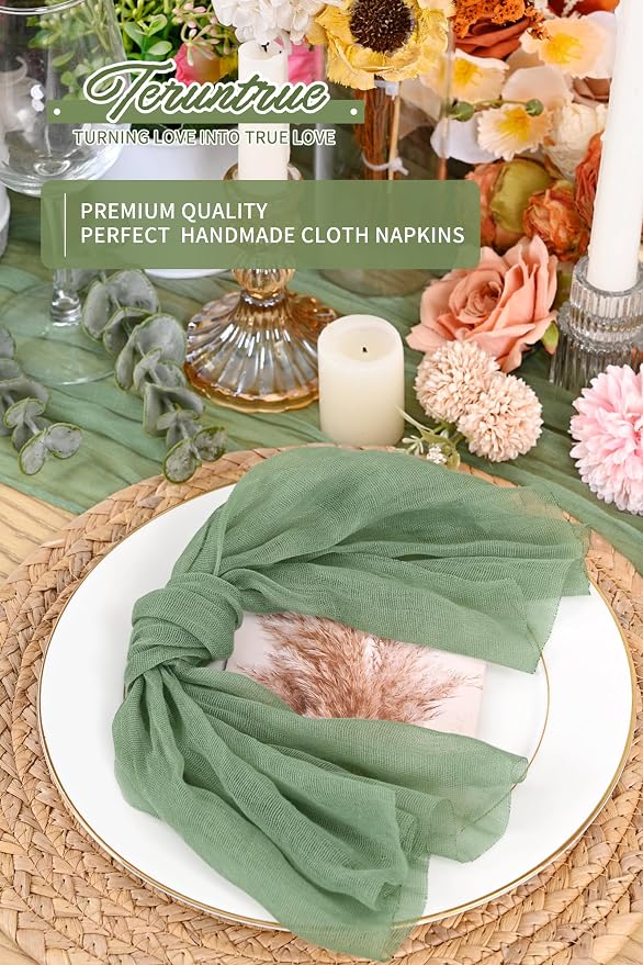 Teruntrue 100 Pack Sage Green Cheese Cloth Napkins Gauze Napkin Cloth Bulk Set of 100 Washable Boho Dinner Table Napkins for Wedding Party Baby Shower Birthday Party Decorations，20 x 20 Inch - Image 6