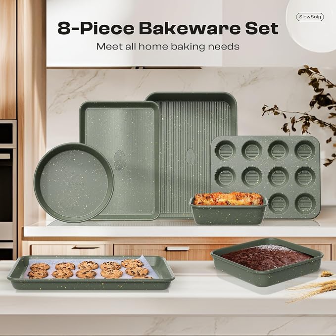 8-Piece Nonstick Bakeware Set, Stackable Oven Pan Set, Baking Pans Set | Includes Baking Sheet, Muffin Pan, Cake Pan, Square Pan, Loaf Pan, Cookie Sheet & Cooling Rack (Ceramic Coated Green) - Image 8