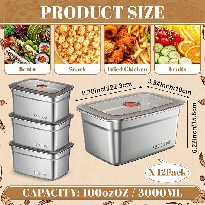 12 Pcs 101oz Stainless Steel Food Storage Containers with Leak-proof Lid, Large Reusable Metal Meal Prep Container Stackable BPA free Marinating Box, Kitchen Fridge Freezer Dishwasher Safe - Image 2