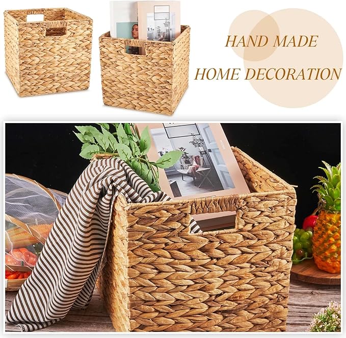 Jinei 12 Pcs Water Hyacinth Storage Baskets 11"x11"x11" Wood Color | Handwoven Wicker Bins with Handles, Wicker Cube Baskets Bulk for Shelves Organizer Laundry, Closet Bedroom - Image 3