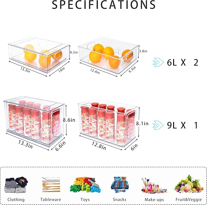 Stackable Fridge Drawer Pull-Out Bins with Handles 3 Pack Large Clear Food Container with Removable Dividers Refrigerator Storage box Divided Produce Saver for Pantry Kitchen - Image 3