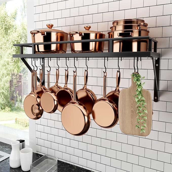 KES 30-Inch Kitchen Pan Pot Rack Wall Mounted, Hanging Storage Organizer | 88 Lbs Capacity, Wall Shelf with 12 Sturdy Hooks, 16-Inch Stud Mount, Matte Black, KUR215S75A-BK by KES