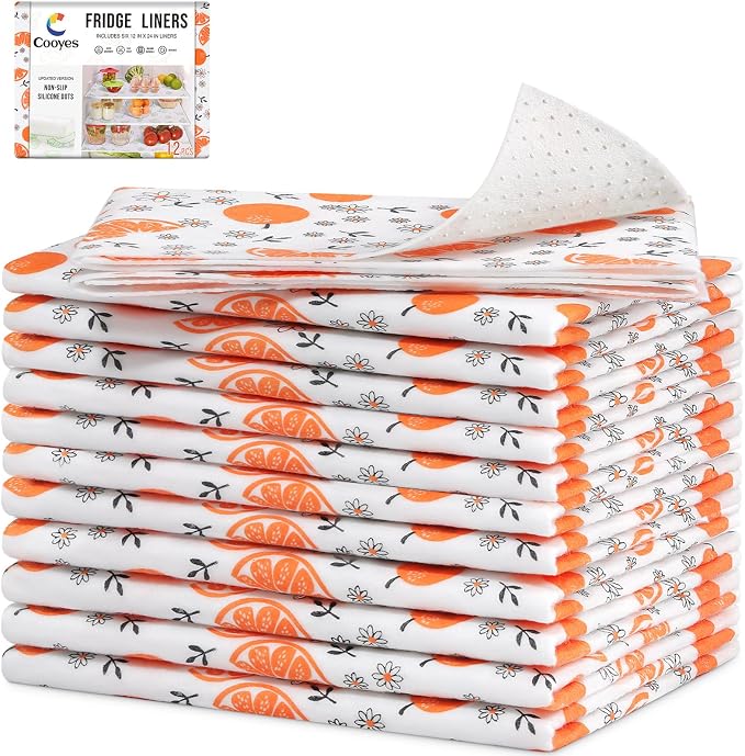 Cooyes Shelf Liners, 2-in-1 Non-Slip Fridge Mats, Absorb Excess Moisture, No-BPA Multiple Sizes for Glass Shelves, Kitchen Cabinets, Drawers (17.7 W x 24 L Inches, Dasiy-12 Pack) by Cooyes