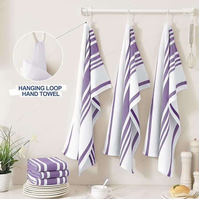Homaxy Premium Cotton Stripe Kitchen Towels 3 Pack, 18"x 28", Purple | Large 380 GSM Kitchen Hand Towels, Soft Terry Dish Towels, Highly Absorbent Tea Towel Set with Hanging Loop - Image 3