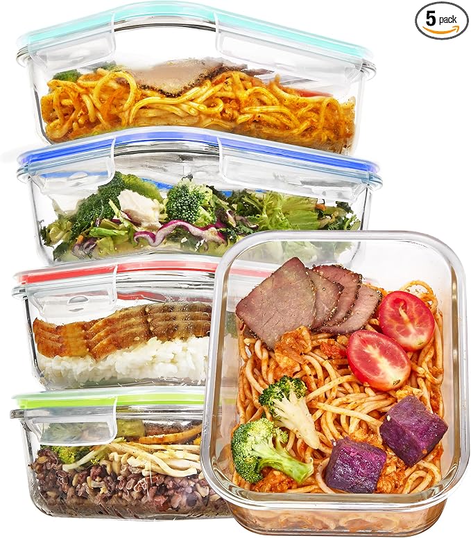Vtopmart 5 Pack 35oz Glass Food Storage Containers with Lids, Multicolour | Meal Prep Containers, Airtight Reusable Lunch Container Set, Safe for Oven, Microwave, Freezer, and Dishwasher, BPA Free by Vtopmart