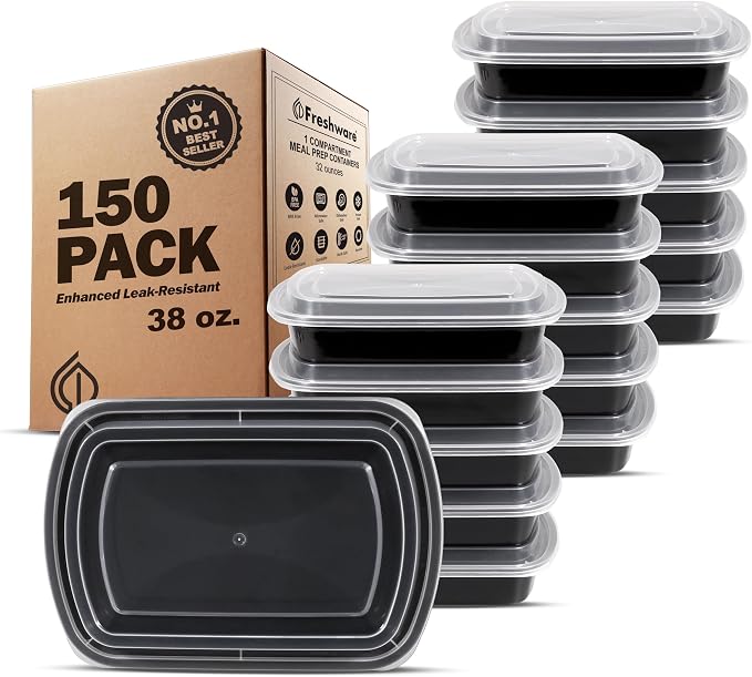 Freshware Meal Prep Containers [150 Pack] 1 Compartment Food Containers with Lids, Bento Box, Stackable, Microwave/Dishwasher Safe (38 oz) by Freshware