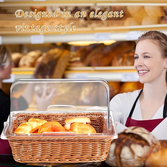 2 Set Wicker Bread Baskets for Serving with Clear Acrylic Roll Top Lid Woven Rattan Bread Basket Large for Fruit Food Picnic Summer Pool Party Outdoor BBQ(13.78 x 10.63 Inch,1 Compartment) - Image 6
