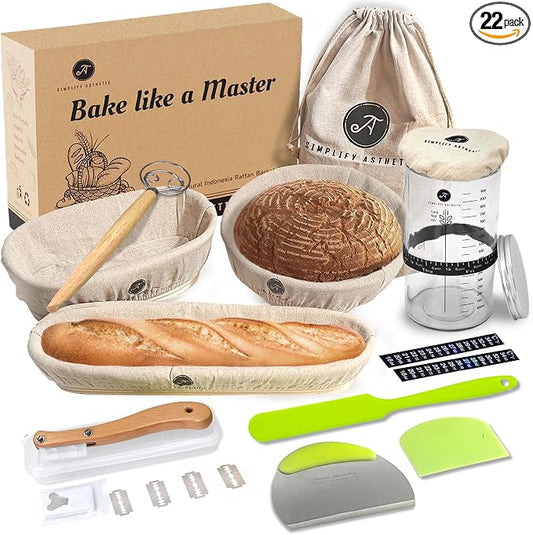 Premium Banneton Bread Proofing Basket - A Complete Sourdough Bread Baking Kit - Bread Baking Supplies - Sourdough Starter Jar Kit by SIMPLIFYASTHETIC