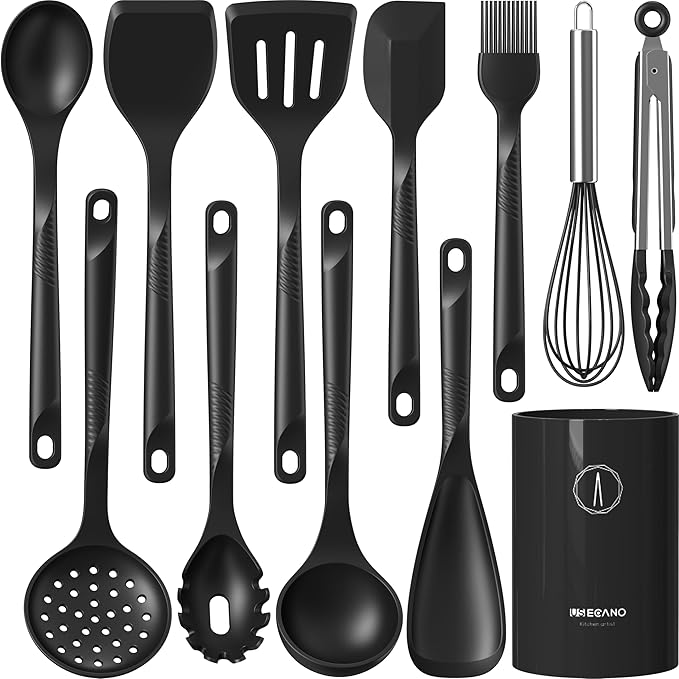 Silicone Cooking Utensils Set - 600°F Heat Resistant, Nonstick Kitchen Utensil Set with Spatulas, Spoons, Whisk, Tongs, BPA Free, Dishwasher Safe, Black by Unknown