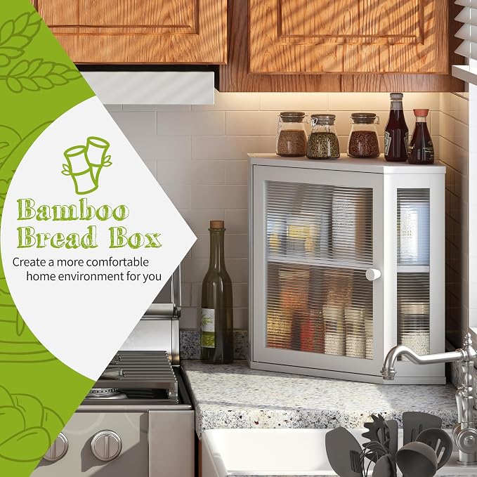 BMOSU Corner Bread Box for Kitchen Countertop Double Layer Bamboo Wooden Bread box Large Capacity Bread Storage Bin(White, Medium) - Image 2