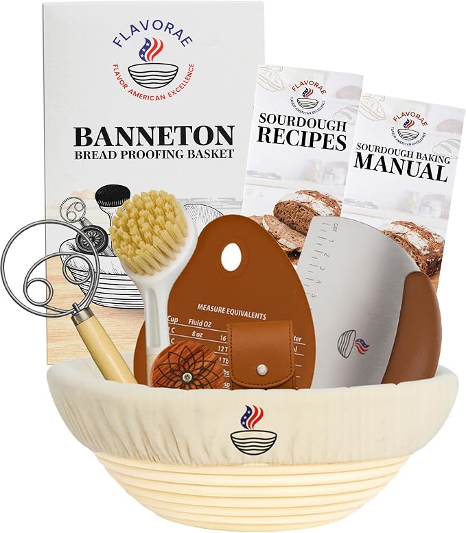 Banneton Bread Proofing Basket with Liner – Natural Rattan Dough Riser with Sourdough Baking Accessories, Artisan Bread Loaves, Homemade Bread Making - 9” Round Sourdough Starter Kit by Flavorae