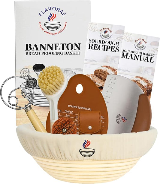Banneton Bread Proofing Basket with Liner – Natural Rattan Dough Riser with Sourdough Baking Accessories, Artisan Bread Loaves, Homemade Bread Making - 9” Round Sourdough Starter Kit by Flavorae