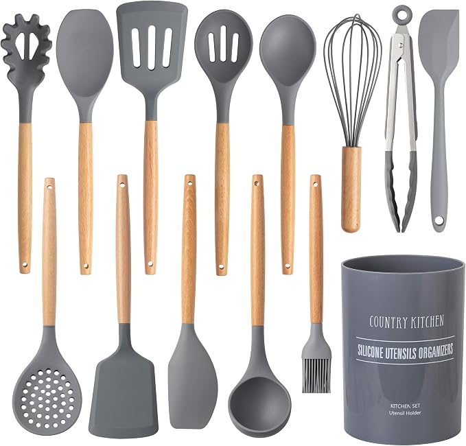 Country Kitchen Non Stick Silicone Utensil Set with Rounded Wood Handles for Cooking and Baking, 14 Piece Set, Gray by CountryKitchen