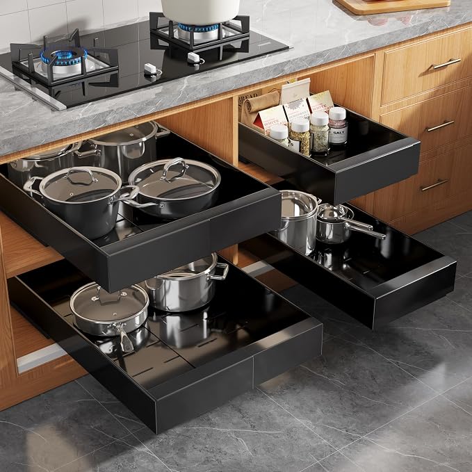 Seinloes 4 Pack Expandable Width (9"-14.1") Pull Out Cabinet Organizer 21" Deep with Raising Pad for Framed Cabinets, Upgrade 3 Slide Rails Slide Out Drawers, Roll Out Shelves Adhesive, Black by Seinloes