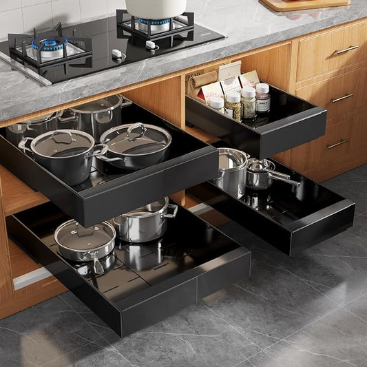 Seinloes 4 Pack Expandable Width (9"-14.1") Pull Out Cabinet Organizer 21" Deep with Raising Pad for Framed Cabinets, Upgrade 3 Slide Rails Slide Out Drawers, Roll Out Shelves Adhesive, Black by Seinloes