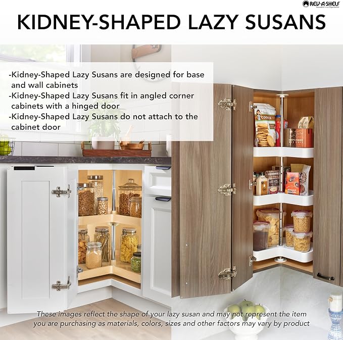 Rev-A-Shelf Dual Shelves Kidney-Shape 28" Lazy Susan Turntable Home Organizer for Diagonal Lower Corner & Base Kitchen Cabinets, Wooden, 4WLS472-28-52 - Image 3
