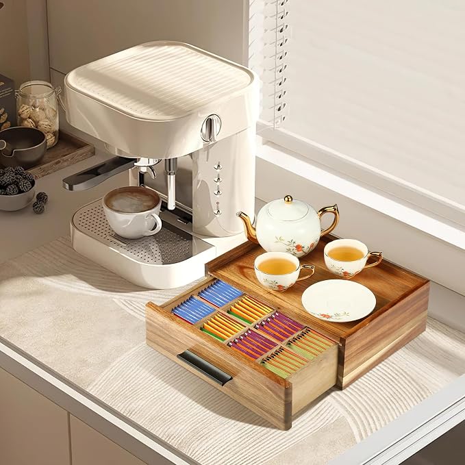 Acacia Wood Tea Bag Organizer - 12-Compartment Capacity Tea Box Organizer Storage Box with Drawer, Tea Accessories for Tea Bags Storage Drawer, Tea Station for Countertop - Image 6
