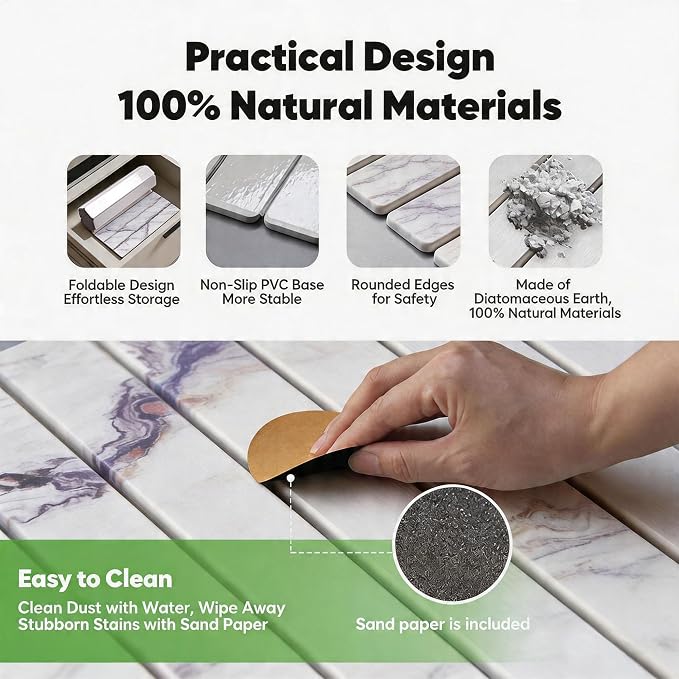 Stone Drying Mat for Kitchen Counter, Quick Diatomaceous Earth Mats for Dishes, 24"L x 16" W Super Absorbent Fast-Drying Collapsible Countertop Stone Mat (Marble White-06, 24" x 16") - Image 5