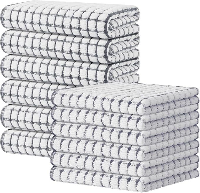 Kitinjoy Cotton 12 Pack Kitchen Towels and Dishcloths Sets, Grey | 16 x 25 Inch & 12 X 12 Inch Dish Towels Bulk, Super Soft and Absorbent hand towels for kitchen Drying by Kitinjoy