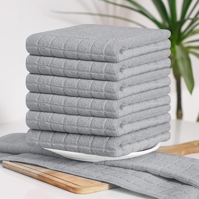 Homaxy Premium Ring Spun Cotton 390 GSM Kitchen Towels, 6 Pack, Light Grey | 16" x 28" Large Dish Towels, Super Absorbent Terry Hand Towels, Soft Tea Towels with Hanging Loops - Image 7