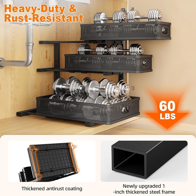 3 Tier Under Sink Organizer,Black Metal Pull Out Kitchen Cabinet Organizers, Slide Out Under Sink Storage Drawers, Undersink Organizer,Bathroom Counter Shelf, Pantry Organization and Storage （2 Pack） - Image 4