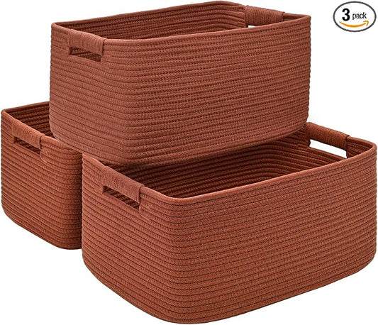 3 Pack Large Storage Basket for Organizing, 17.5"x13"x7" Woven Basket for Shelves, Closet Cube Storage Bins with Wrapped Handle, Cotton Rope Baskets for Kitchen, Clothes, Toys(Oxide Red) by Degeyoyo