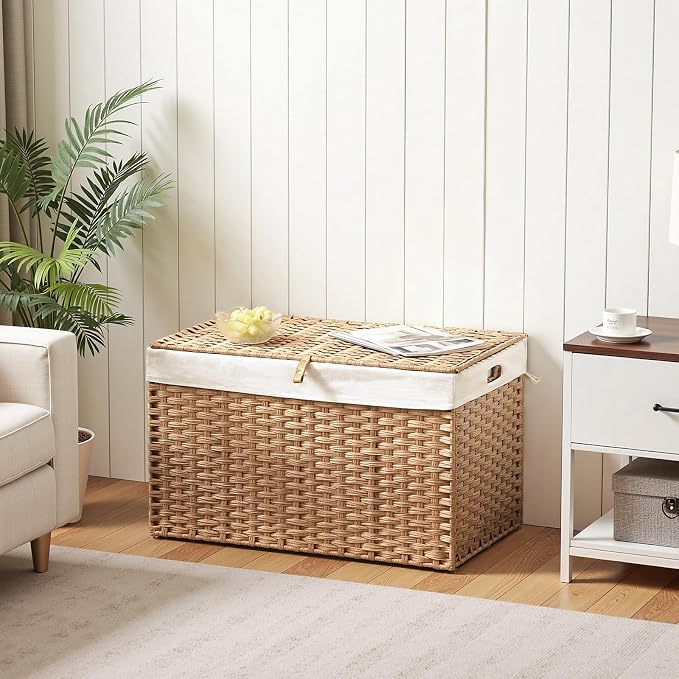 HOOBRO Storage Basket with Lid, 42.3 Gallon (160L) Wicker Basket, Handwoven Blanket Storage Basket with Handles, Metal Frame and Soft Lining, Foldable for Bedroom, Laundry Room, Natural NL216CW01 - Image 4
