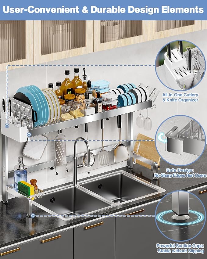 2 Tier Extra Large Over The Sink Dish Drying Rack, Expandable Stainless Steel Dish Drainer with Multifunctional Organizer, Space-Saving Above Sink Dish Rack with Large Capacity for Kitchen Counter - Image 6