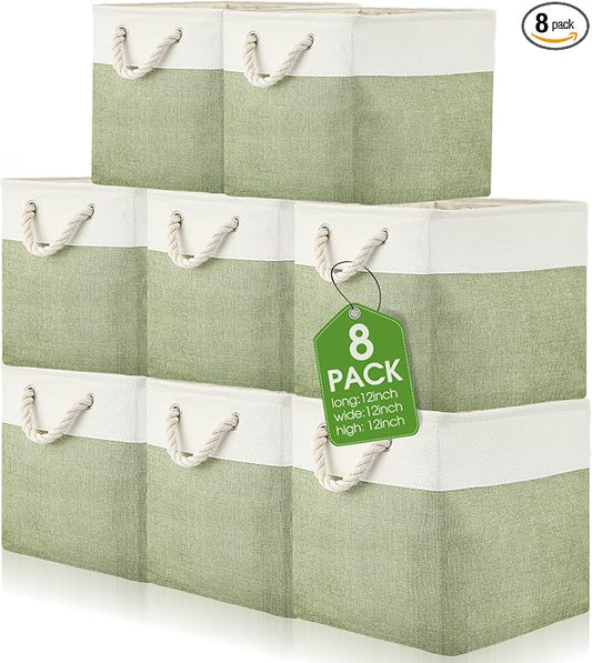 meekoo 8 Pack Collapsible Storage Bins Fabric Storage Bins Polyester Fabric Baskets with Handles Linen Closet Organizer for Shelf Home Closet Towels Toys(12 x 12 x 12 in,Green White) by meekoo