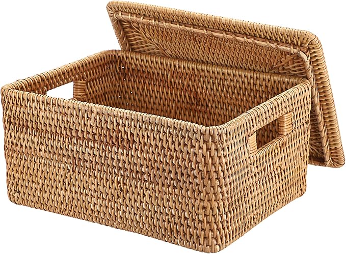 Hipiwe Wicker Storage Bin with Lid & Handle Handwoven Rattan Shelf Baskets | Rectangular Decorative Baskets Box Household Basket Boxes for Home Organizing,13.2"Lx10.2"Wx6.7"H by Hipiwe