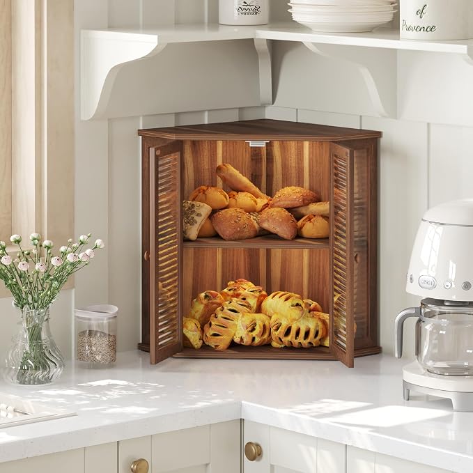 Corner bread box Bread Box for Kitchen Countertop - Corner Bread Storage Box 16.5" H, Premium Wood with Glass Door, Perfect for Homemade Bread, Baguettes & Pastries (Acacia brown) - Image 6