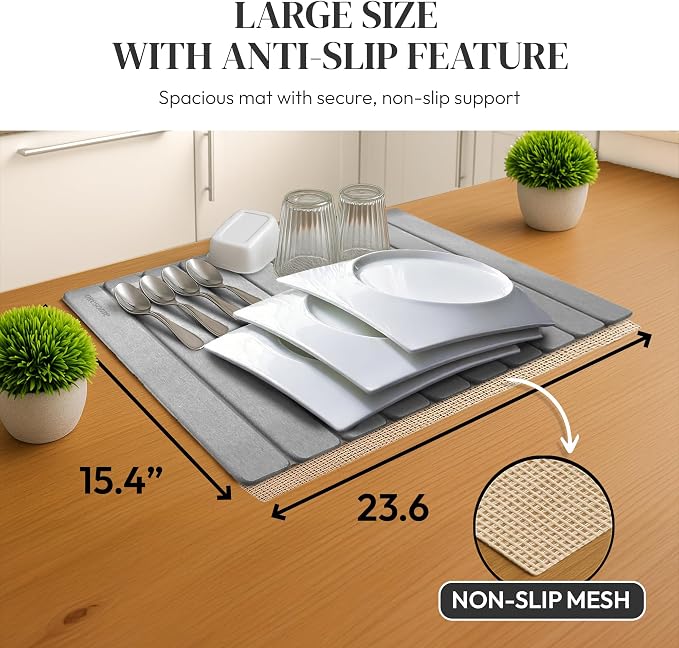 Foldable Kitchen Drying Stone, Stone Drying Mat for Kitchen Sink, 24" x 16" | Quick Moisture Absorption, Premium Diatomaceous Earth, Non-Slip Base, Under Dish Rack or Direct Drying, Sanding Tool Included - Image 5