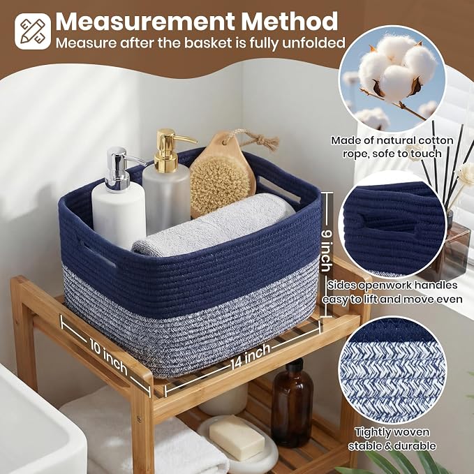 Storage Baskets for Organizing, 14 x 10 x 9” Closet Shelf Woven Baskets, Square Bins with Handles, Cotton Rope Basket for Clothes, Office, Room, Grey+Blue 3 Pack - Image 2