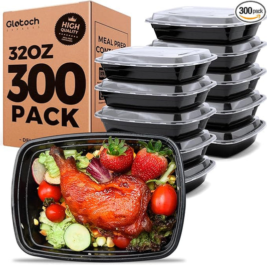 Glotoch Meal Prep Containers 1-Compartment with Lids 300 Pack 32oz, Disposable Plastic Food Storage Containers, Takeout & Restaurant, BPA-Free, Stackable, Microwave/Freezer/Dishwasher Safe by GlotochExpress