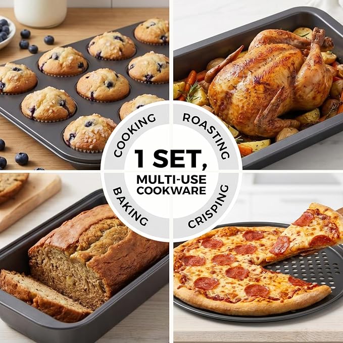 Non-Stick 10-Piece Bakeware Set – Carbon Steel with Even Heat Distribution, Oven Safe to 446°F, BPA-Free, Dishwasher Safe, Stackable Baking Tools for Easy Storage and Everyday Cooking - Gray - Image 5