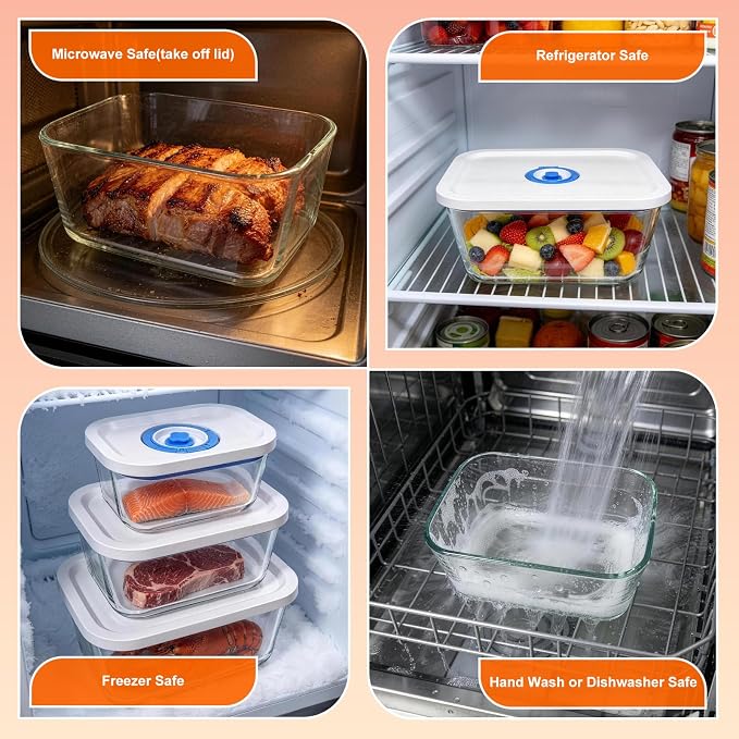 Vacuum Seal Borosilicate Glass Containers for Food Storage, 4 Sizes (S M L XL) Compatible with Desktop and Handheld Vacuum Sealer Machines, Airtight Lid Set - Image 6