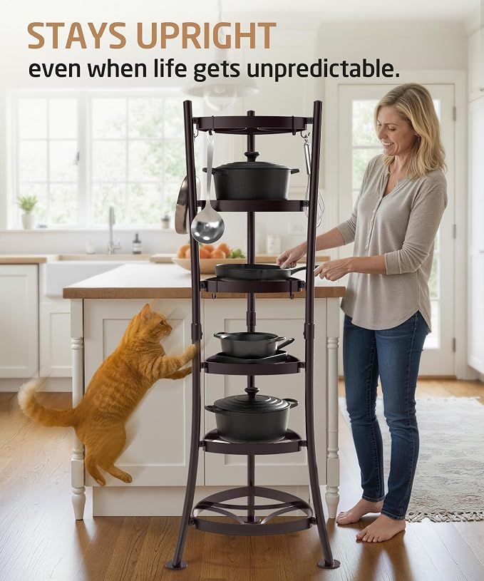 KES Oiled Bronze Freestanding Pot Rack, 6-Tier Cookware Stand, 6 Hooks | 264 Lbs Capacity, Cast Iron Pots and Pans Storage Tower for Kitchen, Stable Base, Anti-tip Strap & Floor Protectors - Image 4