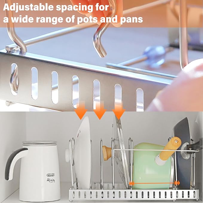 Expandable Pot and Pan Organizers Rack,304 Stainless Steel Pots Lid Organizer Rack Holder for Cabinet, Kitchen Cabinet Pantry Bakeware Organizer Rack Holder with 8 Adjustable Compartments - Image 5