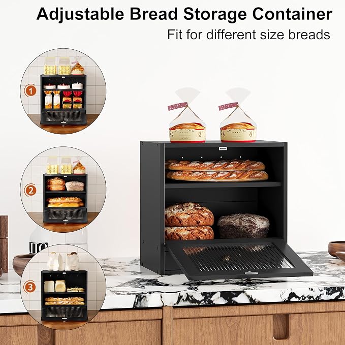 Alpeir Wooden Bread Box for Kitchen Countertop, Large Capacity with Ventilation Holes Adjustable Tiered-Shelf, Vintage Farmhouse Breadbox with Drawer & Window, Longer Freshness, Black - Image 2