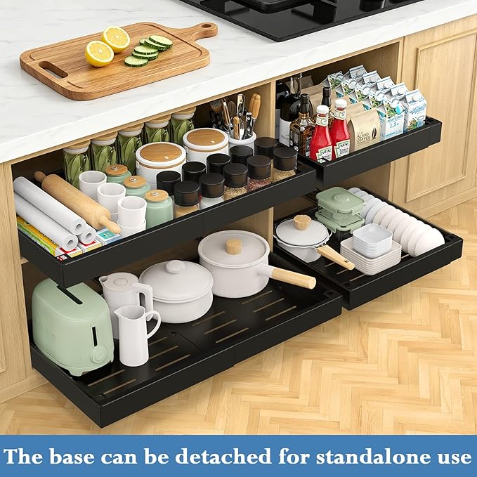 Aisslro Under Sink Organizer, 2 Tier Pull Out Cabinet Organizer, Expandable & Adjustable Slide Out Shelf 13.2''–20.3'', Under Sink Storage for Kitchen Bathroom Laundry Cabinet Storage, Black - Image 6