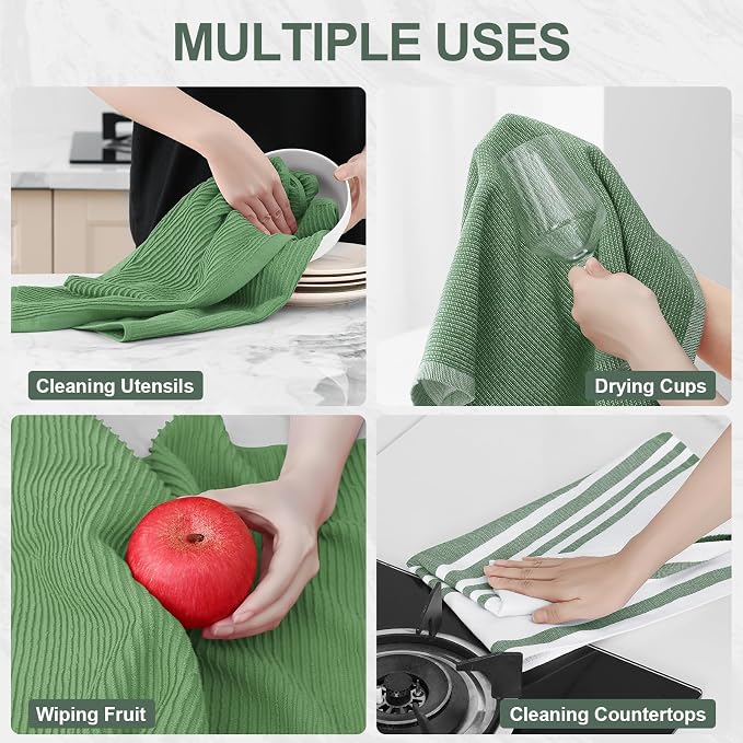 Homaxy Cotton 380 GSM Premium Kitchen Towels, 18"x28", 12 Pack, GrassGreen | Soft and Absorbent Terry Dish Towels, Multipurpose Tea Towel Set with Hanging Loop, 3 Styles Kitchen Hand Towels - Image 4