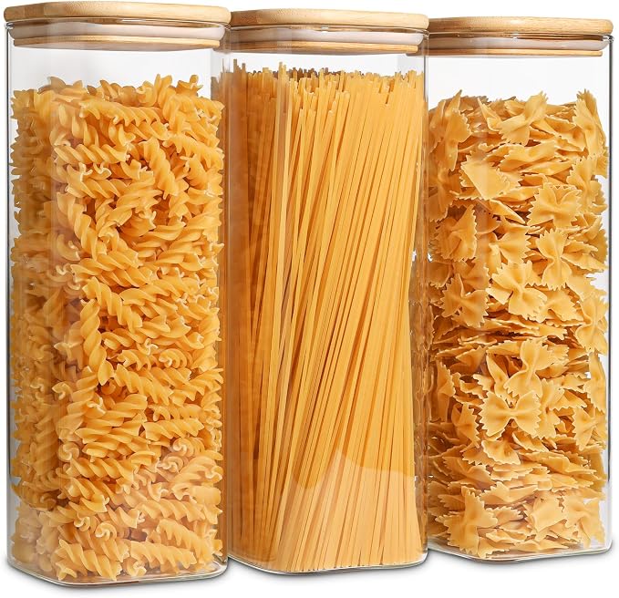 ComSaf Pasta Containers Storage 2.2 Qt, Spaghetti Jar, Set of 3 Tall Jars | Glass Storage Containers wtih Lids, 11.3-inch High Glass Kitchen Canisters Square, Cereal, Noodles, Oats, Dry Food, BPA Free by ComSaf
