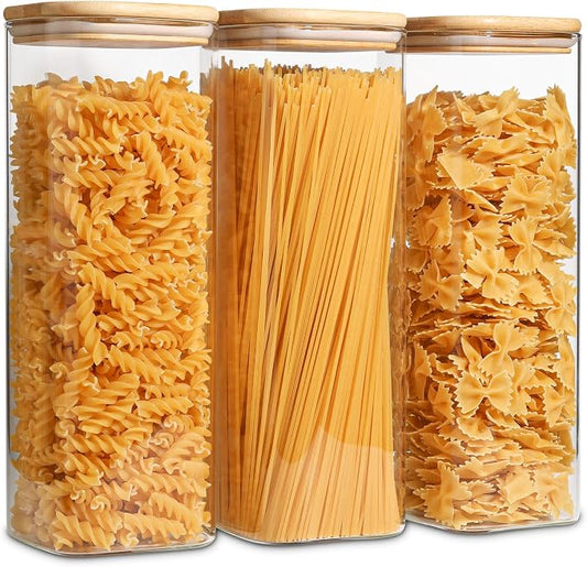 ComSaf Pasta Containers Storage 2.2 Qt, Spaghetti Jar, Set of 3 Tall Jars | Glass Storage Containers wtih Lids, 11.3-inch High Glass Kitchen Canisters Square, Cereal, Noodles, Oats, Dry Food, BPA Free by ComSaf