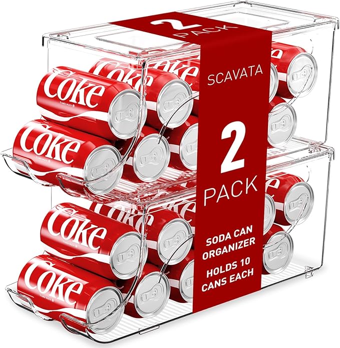 SCAVATA 2 Pack Stackable Refrigerator Organizer, Soda Can Dispenser Pop Cans Container Beverage Holder with Lid for Fridge, Freezer, Kitchen, Clear Plastic Storage Bins-Holds 10 Cans Each by Tidyyourlife