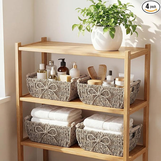 Colingmill 4 Pack Bow Large Storage Baskets with Wooden Handles Decorative Baskets for Gifts Empty Wicker for Shelf 12''l x 8''w x 4.8''h Hand-woven Round Paper Rope Containers by Colingmill